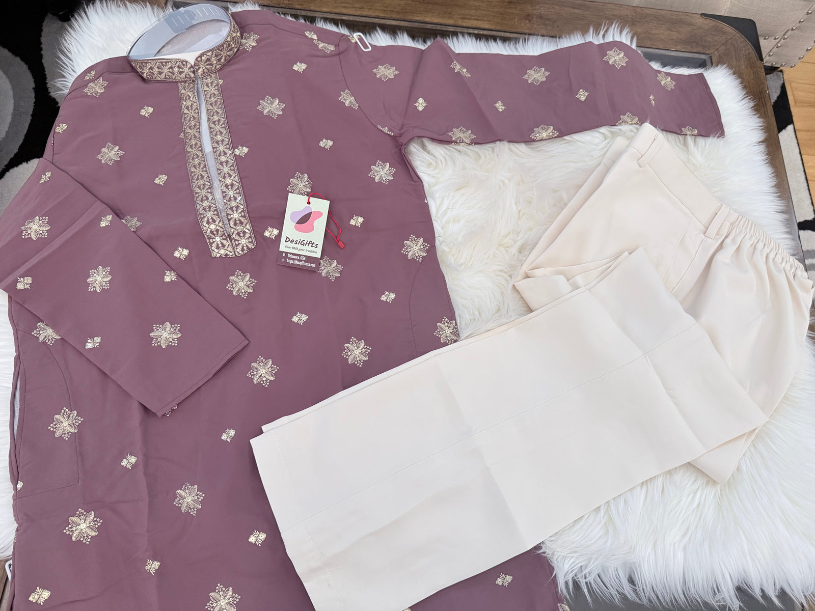 Men’s Onion Shade Embroidered Kurta Pajama Set | Open Neck Kurta with Ivory Trouser Pants | Indian Wedding & Festive Wear, KP-4068