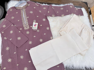 Men’s Onion Shade Embroidered Kurta Pajama Set | Open Neck Kurta with Ivory Trouser Pants | Indian Wedding & Festive Wear, KP-4068