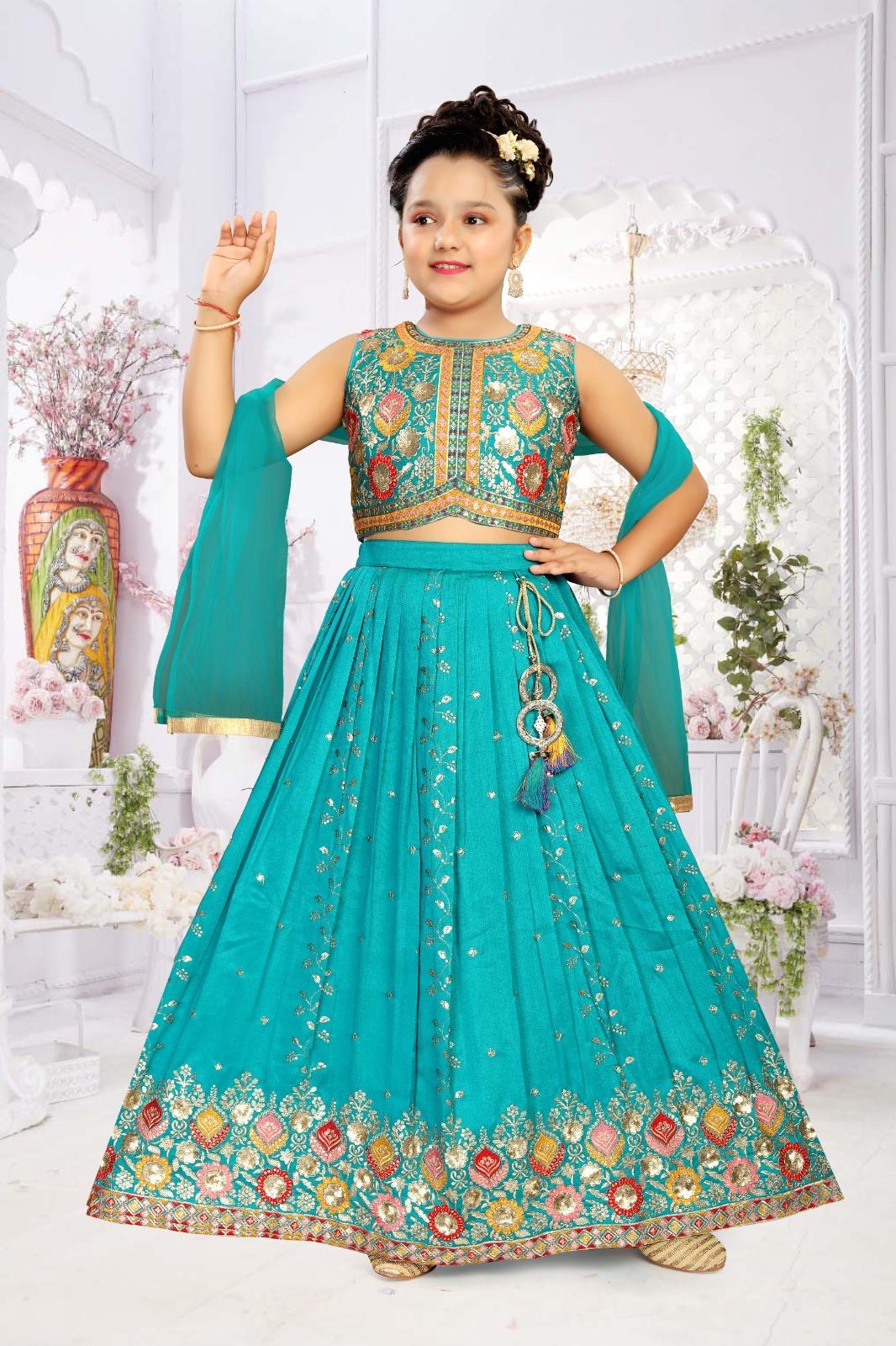 Girls Peacock Blue Zari Embroidered Lehenga Choli Set with Dupatta, Traditional Indian Ethnic Wear for Kids, Wedding & Festival Outfit, GRL-3071