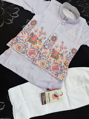 Boys Light Lavender Kurta Pajama with with Elephant Print Nehru Jacket | 3-Piece Indian Ethnic Outfit – Festive Ethnic Wear,- Design B-4034