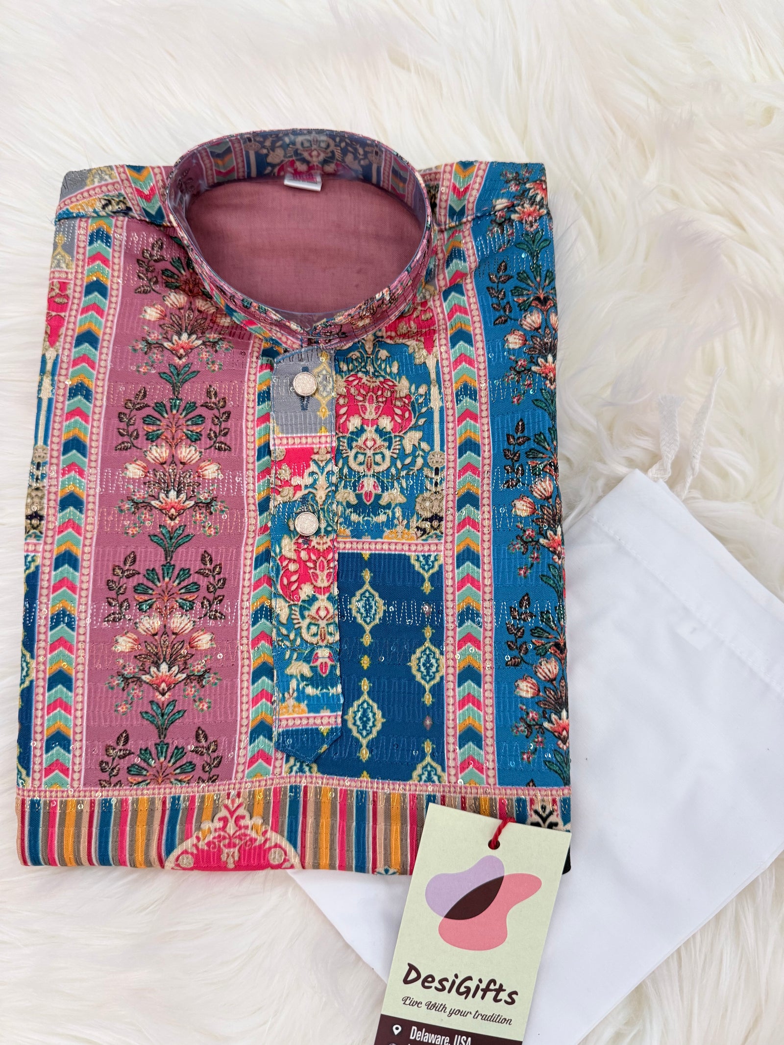 Maroon & Blue Multishade Boys’ Rayon with Sequins and Cotton Linen, Designer Dress with Print – BOY-2019