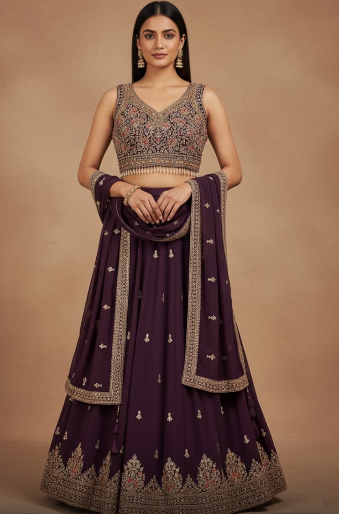 Size XL, Tyrian Purple Heavy Embroidery Georgette  Lehenga Choli 3 Pieces Ethnic Wear for Girls, Design LHG - 1972