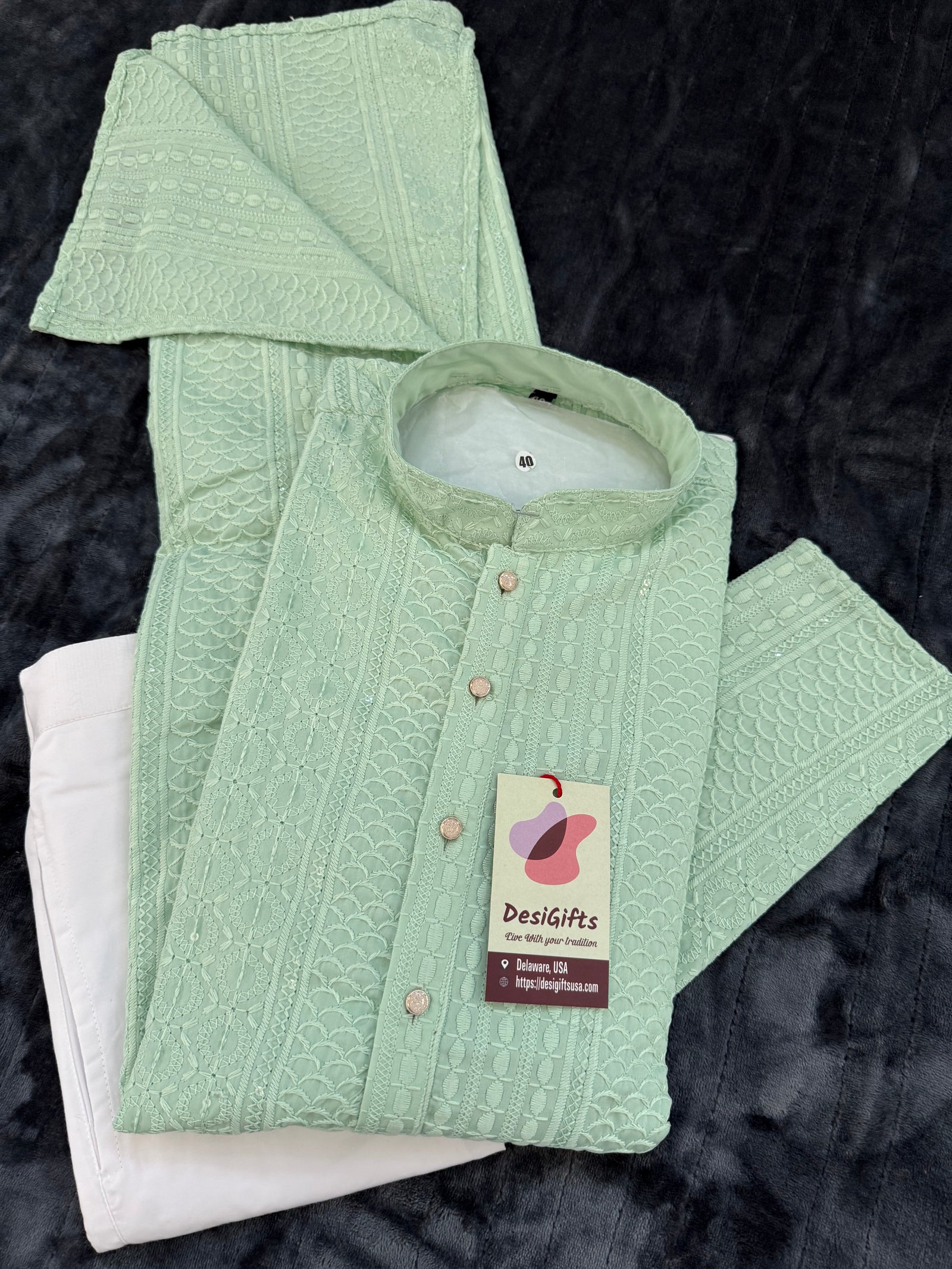 Pastel Green Shade Chikankari Rayon with Sequins 2 Piece Kurta Pajama Set, Father & Son's Outfit, DM -1806