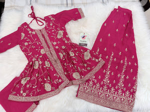 Girls Rani Pink Embroidered Sharara Suit Set with Dupatta, Indian Ethnic Party Wear for Weddings & Festivals,GRL-3002