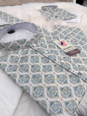 Teal Shade 2-Piece Kurta Pajama Set – Father & Son Outfit | Premium Cotton Jacquard with Zari & Sequin Detailing, DM-2044