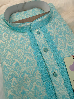 Men's Aqua Blue Kurta Pajama Set | Jacquard silk Kurta Set with Trouser Pant | Traditional Indian Wedding, Diwali & Festive Wear, KP-4084