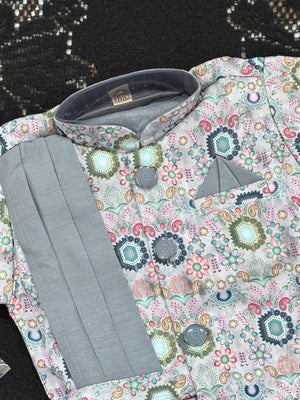 Boys 3 Piece Gray Silk Blend Indian Dress Set with Jacket, Dhoti & Pajama – Ethnic Wedding and Festive Outfit B-2019
