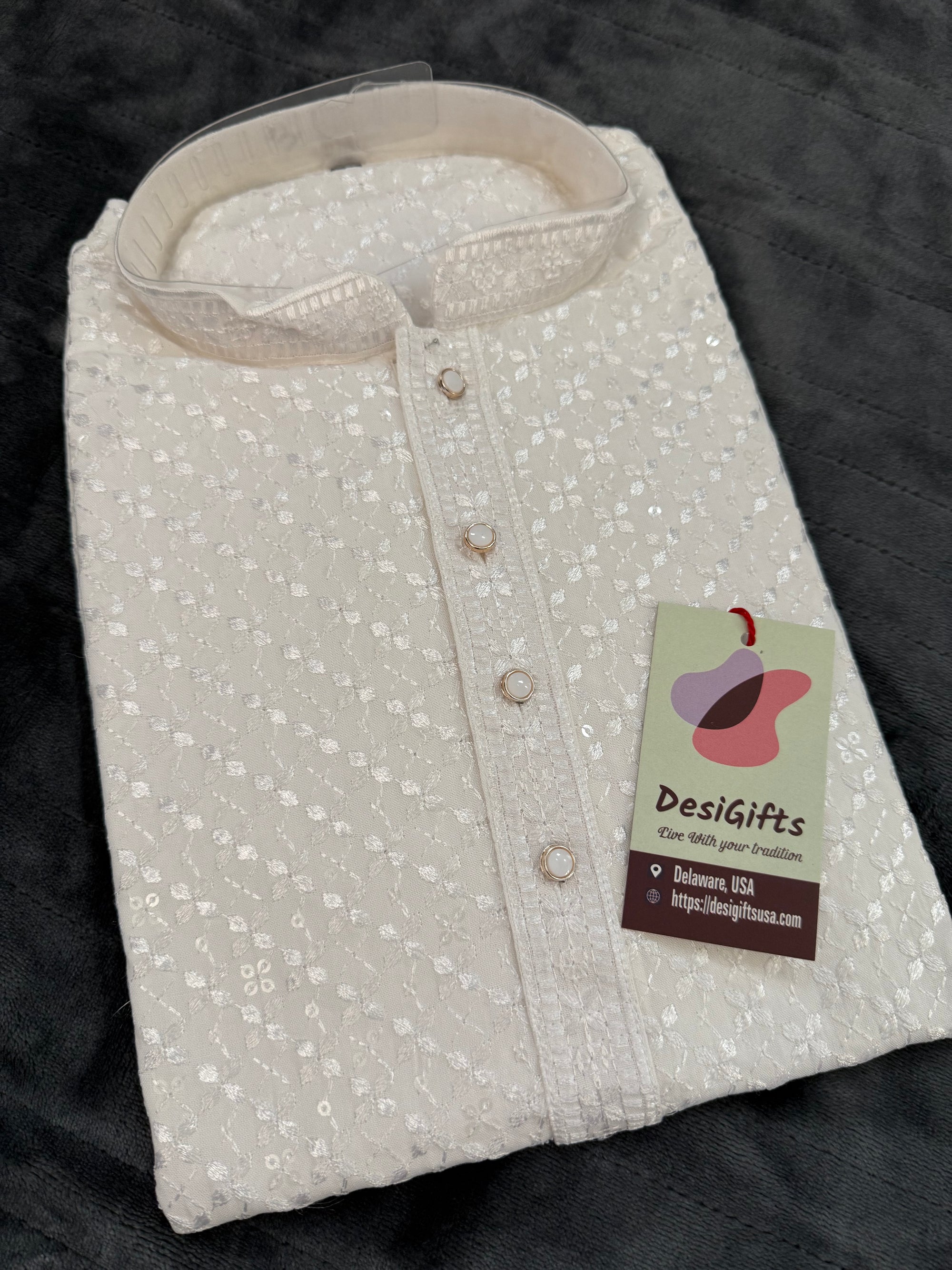 White Chikankari Shirt-Style Short Kurta with Sequins – Ethnic Casual Kurta, SK - 1936