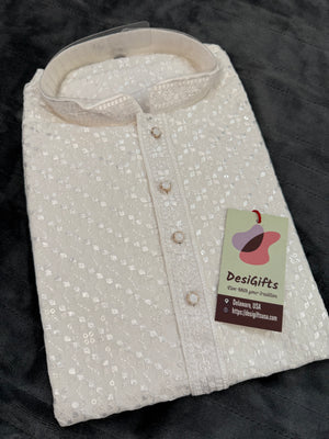 White Chikankari Shirt-Style Short Kurta with Sequins – Ethnic Casual Kurta, SK - 1936