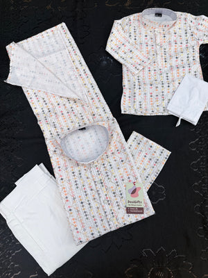 Ivory Cream 2-Piece Kurta Pajama Set – Father & Son Outfit | Premium Cotton Jacquard with Zari & Sequin Detailing, DM-2043