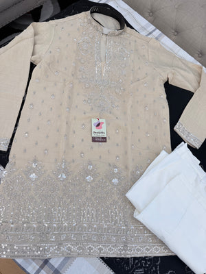 Men’s Champagne Beige Embroidered Kurta with with Parallel Pants | Textured Silk Blend Wedding Kurta Pajama Set | Festive Indian Ethnic Wear, KP - 4046