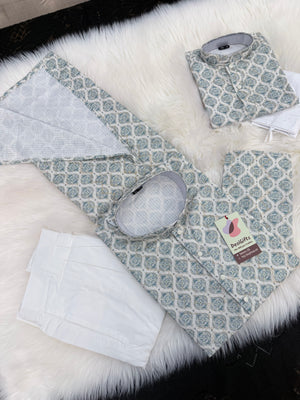 Teal Shade 2-Piece Kurta Pajama Set – Father & Son Outfit | Premium Cotton Jacquard with Zari & Sequin Detailing, DM-2044