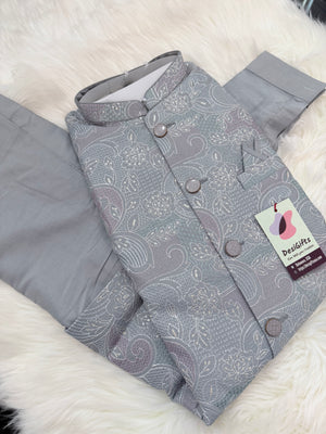 Luxury Everlasting Gray Silk 3-Piece Kurta Pajama with Stylish Jacket, Men’s Festive & Wedding Wear Set, KPJ-2032
