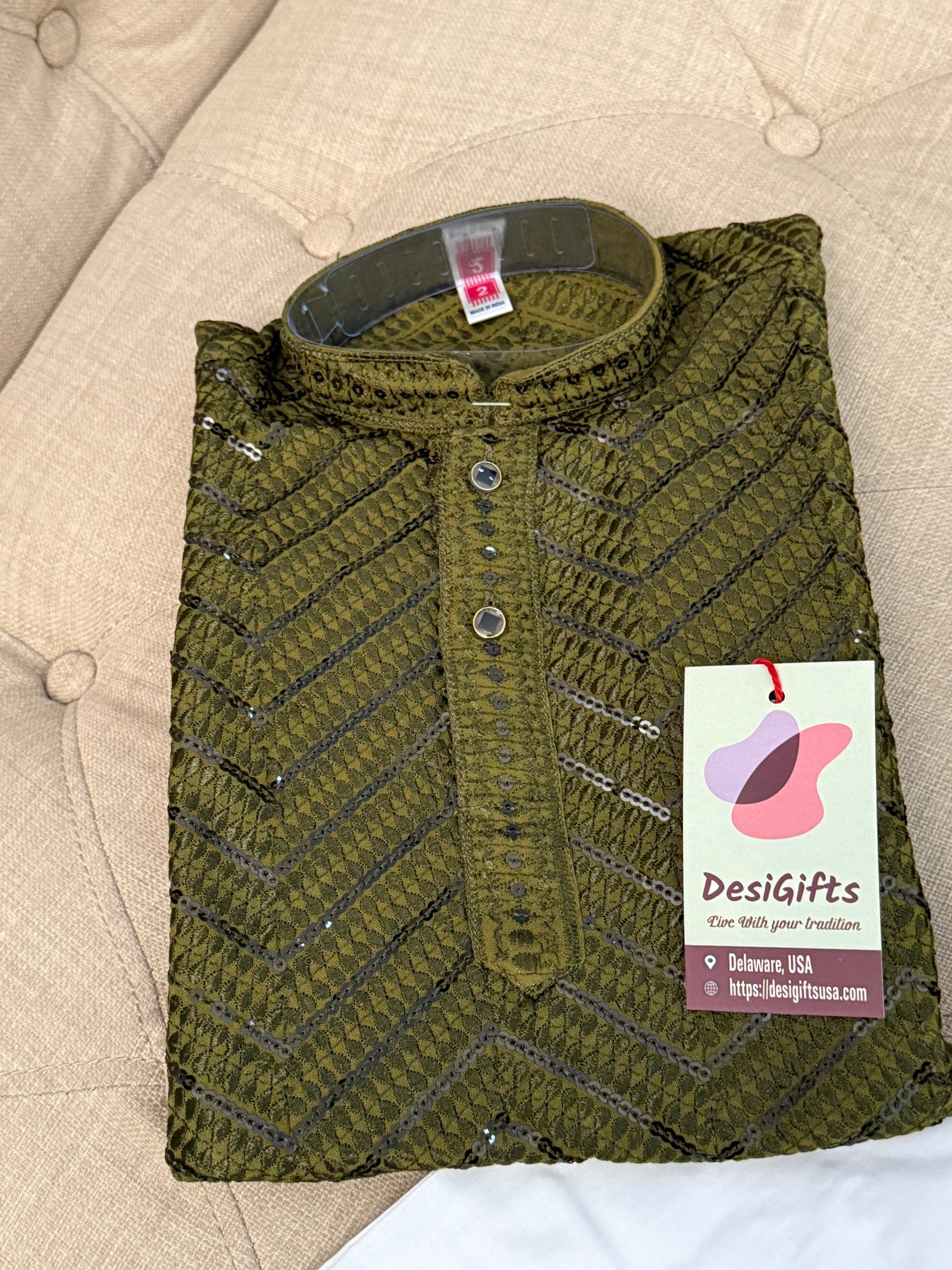 Henna Green Embroidered Boy Kurta Pajama with Sequins Work - BOY-1775