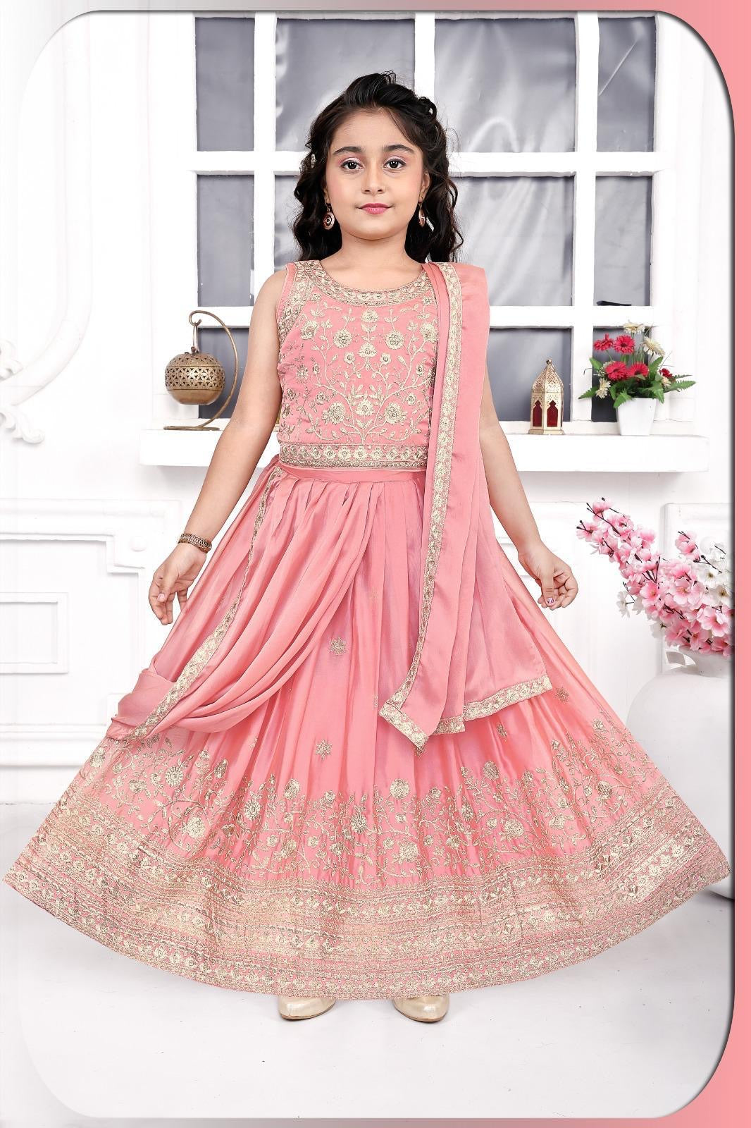 Pink Shade Lehnga Choli in Sari Style, Half Sari, , Indian traditional festive outfit for Princess, Girl Design GRL - 1957