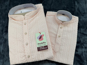Pastel Peach Shade Chikankari Rayon with Sequins 2 Piece Kurta Pajama Set, Father & Son's Outfit, DM -1807