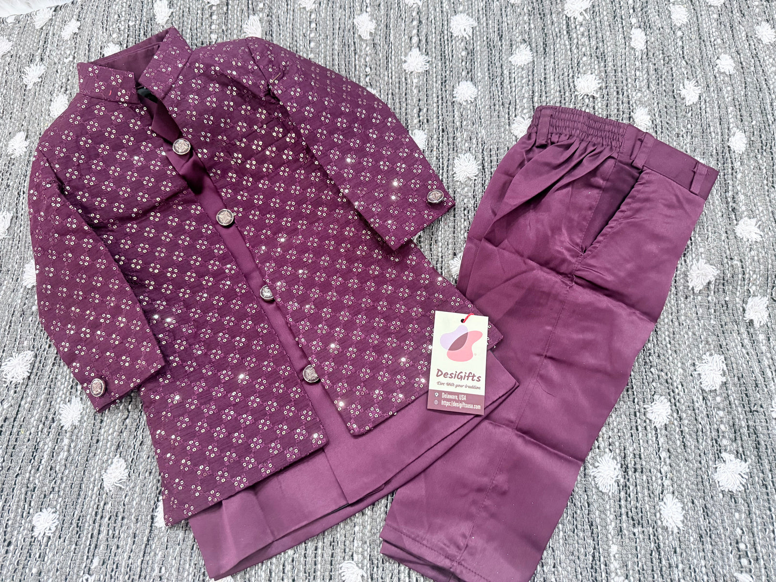 Boy's Purple Shade Cotton Silk 3 Piece Indo Western Outfit,  Embroidered  Sequins Long Jacket with  Pant, Boy's Sherwani Dress - B-3053