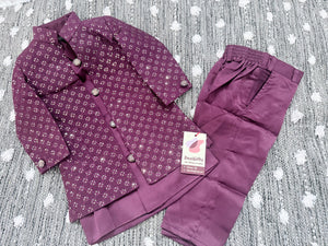 Boy's Purple Shade Cotton Silk 3 Piece Indo Western Outfit,  Embroidered  Sequins Long Jacket with  Pant, Boy's Sherwani Dress - B-3053