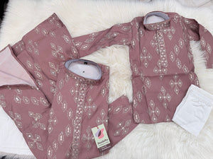 Father & Son Matching Dusty Rose Kurta Pajama Set | Silver Zari-Style Embroidery, Sequin Work | Festive Wear, DM -4039