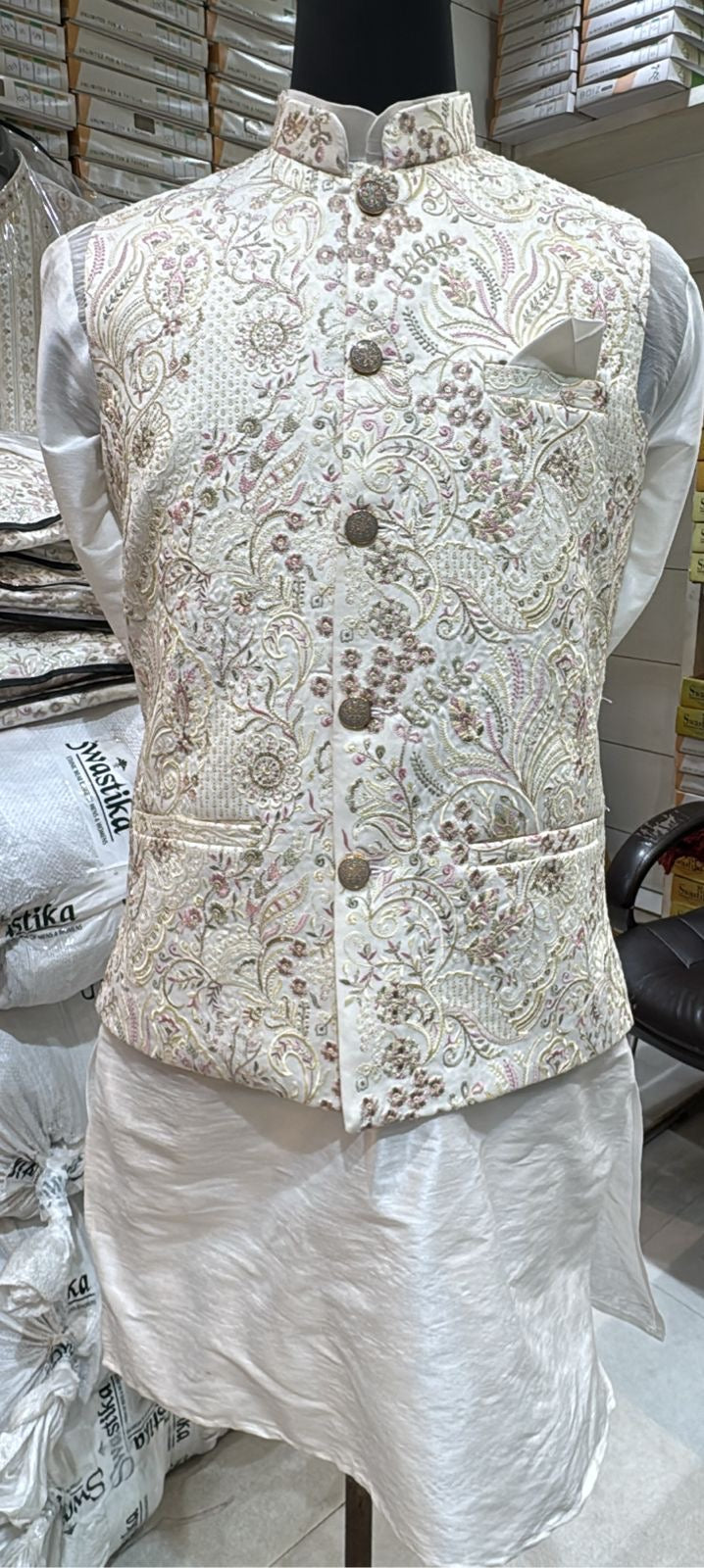 Elegant 3 Piece Cream Kurta Pajama with Jacket  Embroidered Set for Man, Cotton Silk, Indian Wedding Partywear, DM - 1885