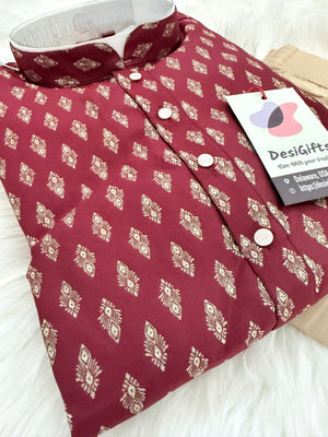 Men’s Wine Maroon Jacquard Kurta Pajama Set, Indian Ethnic Wear for Wedding Party Festival, Designer Kurta for Men, KP -3003
