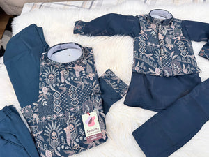 3 Piece Navy Blue Kurta Pajama Set with Embroidery Jacket Set, Silk Blend Fabric with a Slight Sheen, Father & Son's Matching Option, DM - 4081