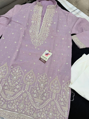 Men’s Pastel Purple Embroidered Kurta with with Parallel Pants | Textured Silk Blend Wedding Kurta Pajama Set | Festive Indian Ethnic Wear, KP - 4047