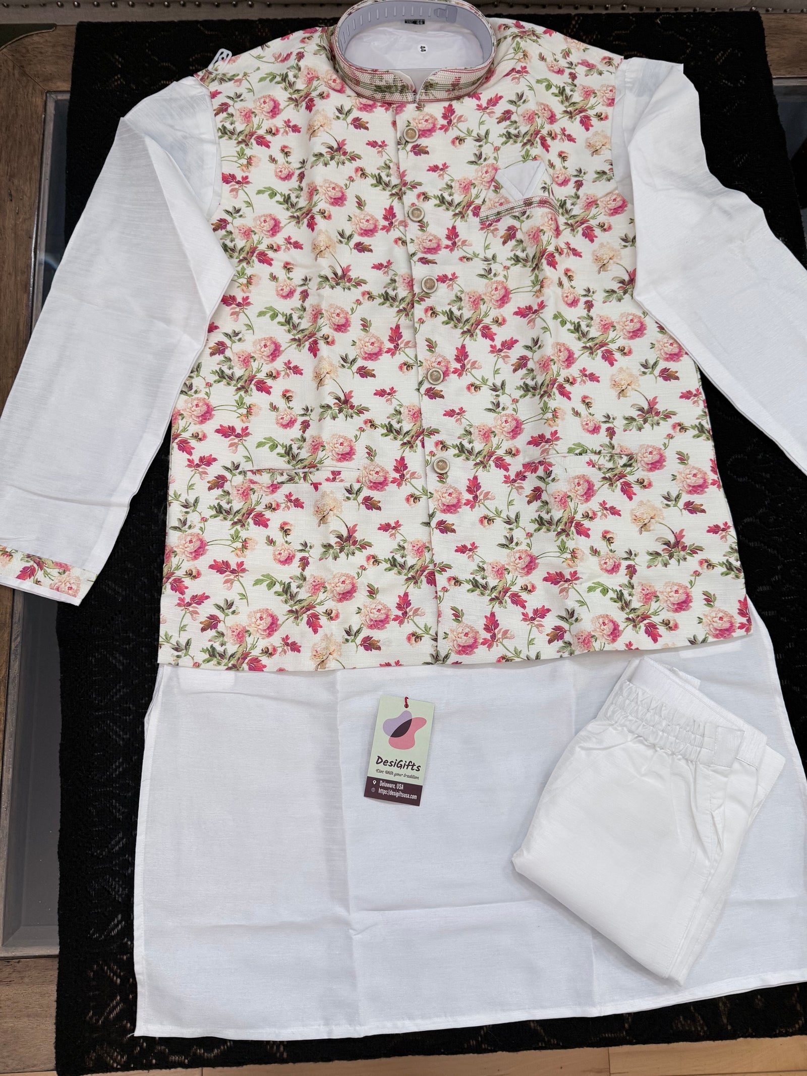 Cream Kurta Pajama with Floral Jacket | Ethnic men's Wear for Indian Weddings & Festivals | Premium Silk 3-Piece Kurta Set| KPJ-2056