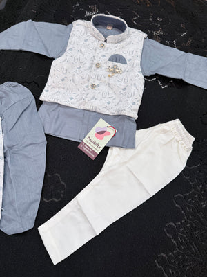 Kids Gray Kurta Dhoti and Pajama Set with offwhite Jacket, Boys Ethnic Wear, Festive Wedding Outfit B-2021