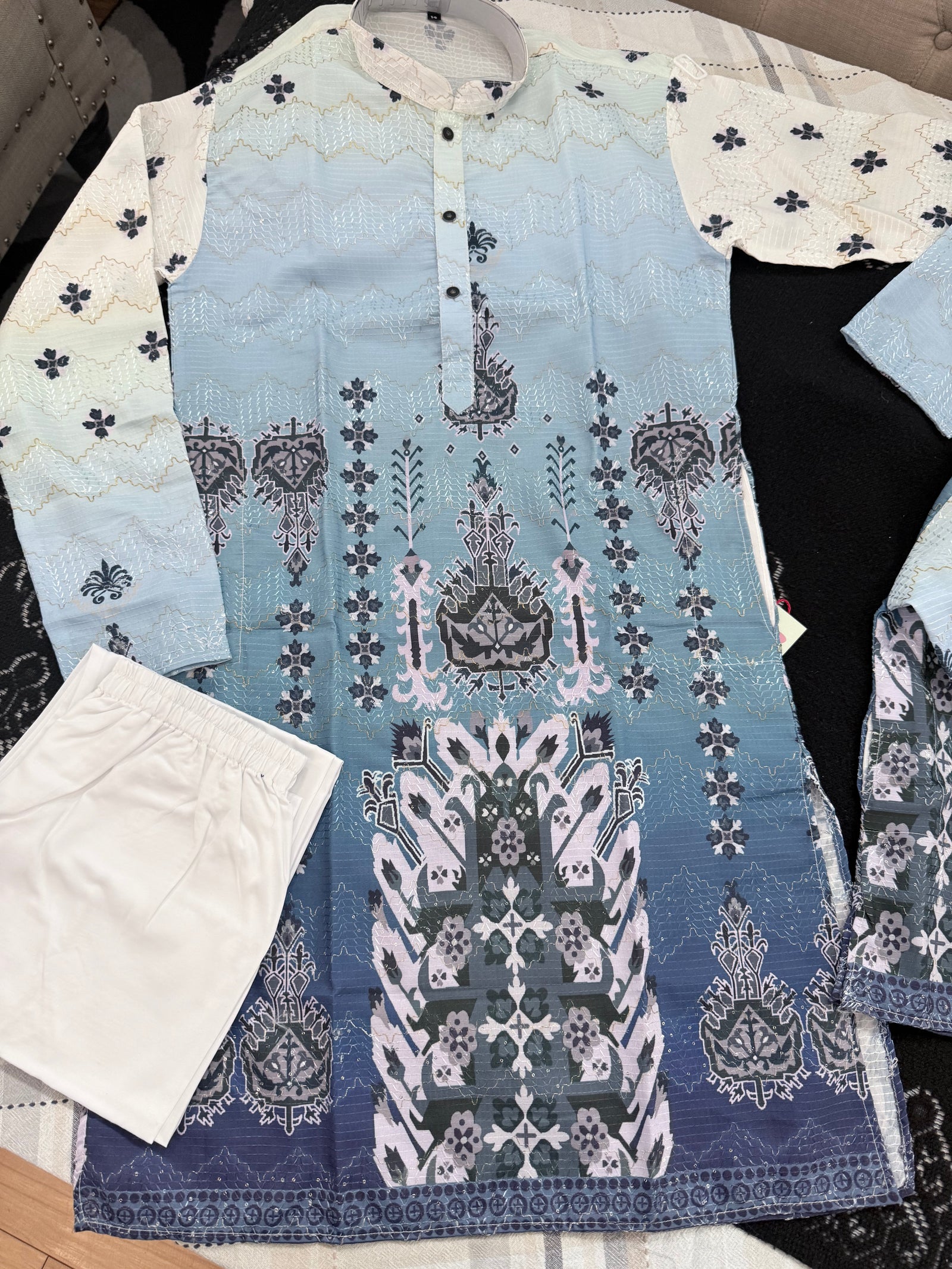 Boys Light Blue Printed Kurta with White Pajama | Ethnic Outfit | Eid, Wedding & Festive Wear – BOY-4033