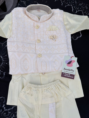 Boys Light Lemon Yellow Kurta Pajama Set with Geometric Self Design Jacket | Dhoti and Pajama | Indian Wedding Festive Ethnic Wear for Kids, B-4056