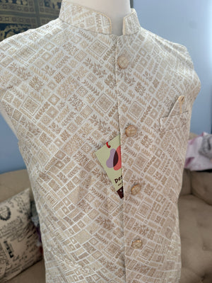 Men’s Light Beige Brocade Nehru Jacket – Blended Silk Indian Sadri, Festive Wedding Waistcoat, Ethnic Modi Jacket, J-3075