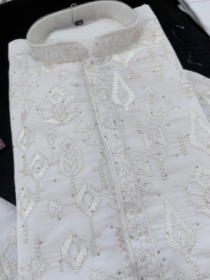 Men’s White Embroidered Kurta Pajama Set with Sequin Accents | Chikankari-Style Wedding & Festive Indian Outfit, KP- 3058