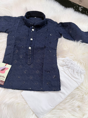 Men & Boys Navy Rayon Chikankari with Sequins Kurta Pajama Set | Matching Father Son Festive Outfit with Sequin Work, DM -2077