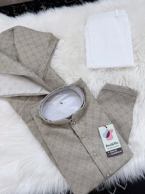 Champagne Beige Shade Jacquard Silk Kurta Pajama Set for Men – Self Design Ethnic Party Wear, Wedding & Festive Traditional Outfit, KPS-3029