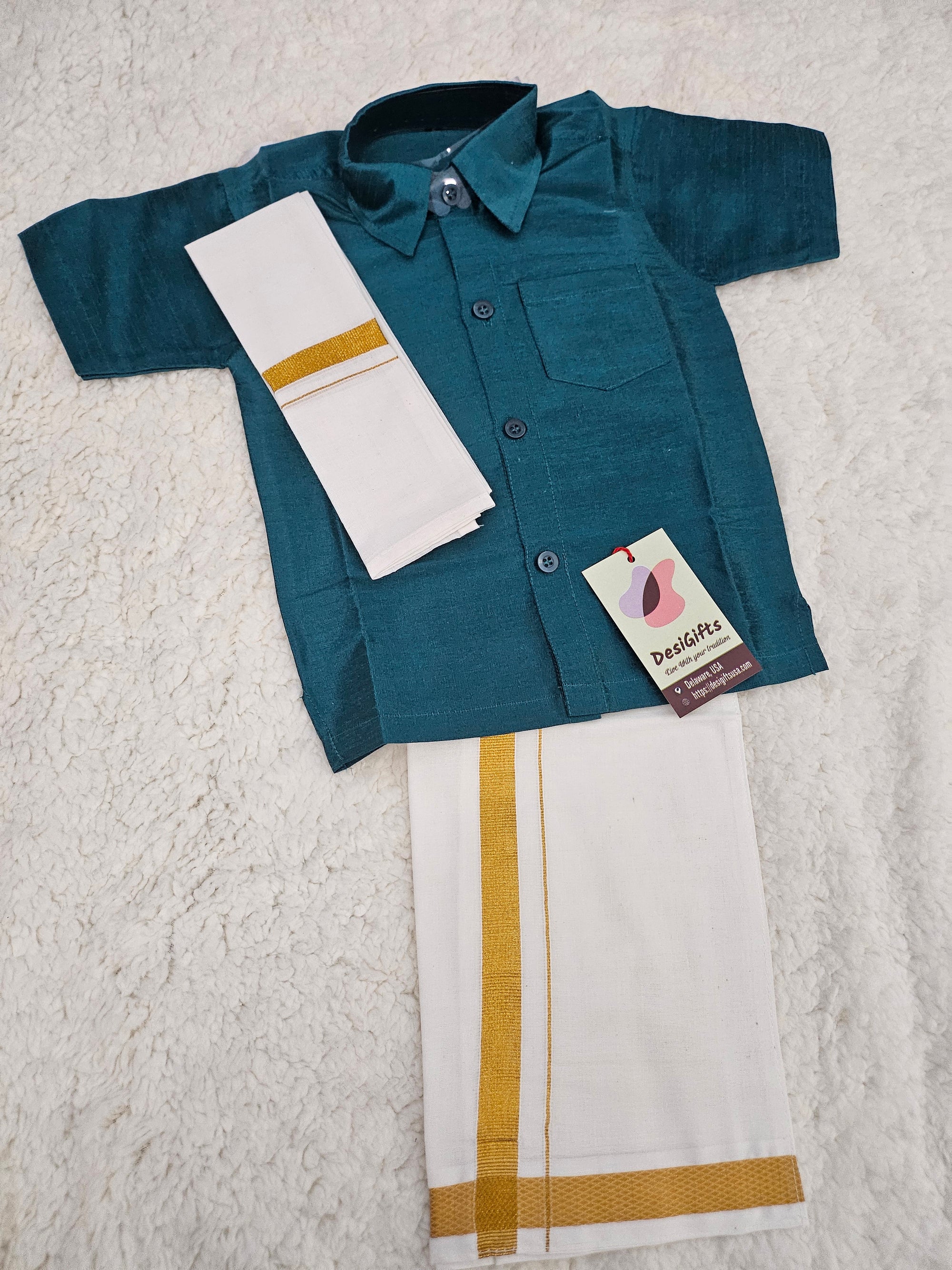 South Indian Kids Dhoti & Shirt With Mundu, 3 Piece Set- Design# B-GRN-994