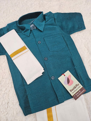 South Indian Kids Dhoti & Shirt With Mundu, 3 Piece Set, Teal Shade- Design# B-GRN-994