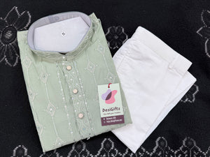 Men’s Pista Green Embroidered Kurta Pajama Set with Sequins Work, Indian Ethnic Wear for Wedding & Festival, KPS-3013