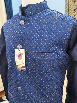 Admiral Blue Shade 3 Piece Kurta Pajama, Pant Style, with Embroidered Sequins Jacket Set-Silk Fabric, JKP- 1923
