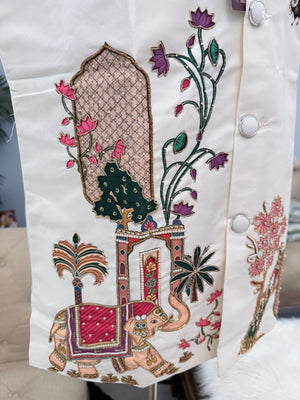 Men’s Ivory Radha Krishna Jacket | Embroidered Indian Waistcoat with Peacock & Elephant Design | Festive Modi Jacket | J-4051