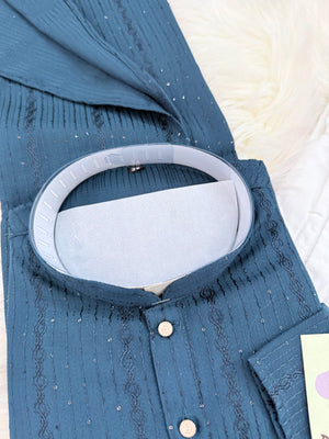 Men’s Teal Shade Sequins Embroidered Kurta Pajama Set – Indian Wedding & Partywear Traditional 2PC Outfit, Size 58 , 5XL, KP-2025