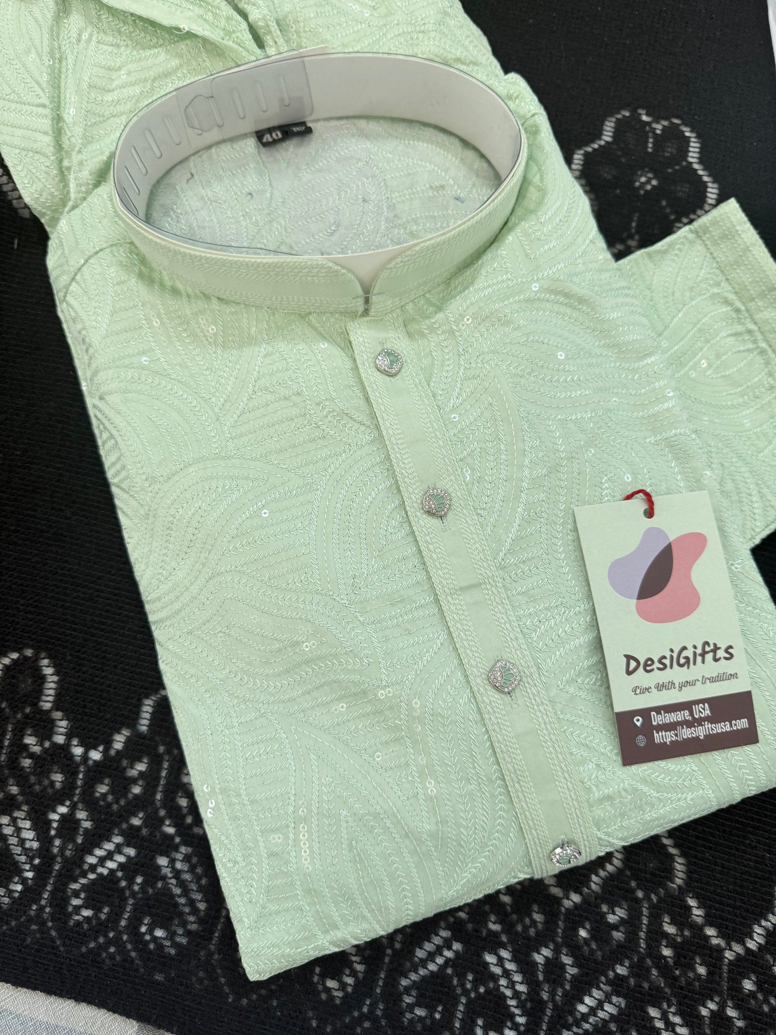 Light Green Jacquard Silk Kurta Pajama Set with Off-White Pant for Men – Self Design Ethnic Kurta, KPS-3027
