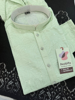 Light Green Jacquard Silk Kurta Pajama Set with Off-White Pant for Men – Self Design Ethnic Kurta, KPS-3027