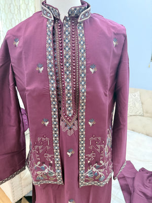 Men’s Wine Embroidered Kurta Pajama Set with Jacket, 3-Piece Indian Ethnic Outfit, Festive Wedding Wear, KPS - 3007