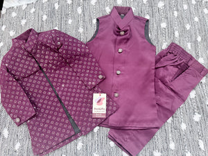Boy's Purple Shade Cotton Silk 3 Piece Indo Western Outfit,  Embroidered  Sequins Long Jacket with  Pant, Boy's Sherwani Dress - B-3053