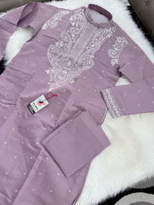 Lavender Shade Trendy Kurta Pajama for Men with Intricate White Embroidery, Wedding & Festive Indian Outfit, KP-1417