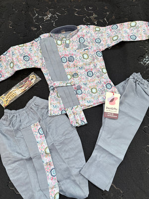 Boys 3 Piece Gray Silk Blend Indian Dress Set with Jacket, Dhoti & Pajama – Ethnic Wedding and Festive Outfit B-2019