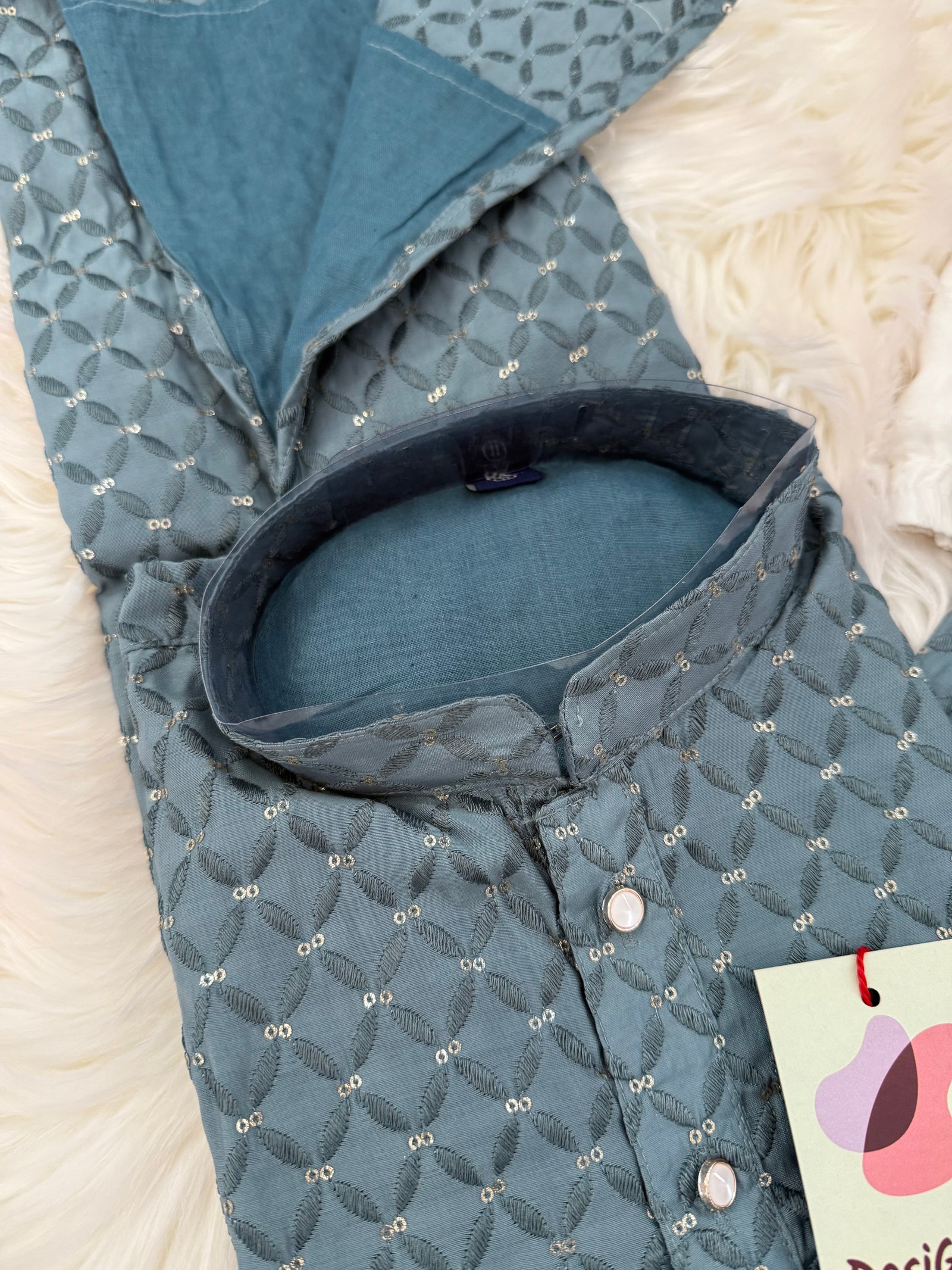 Pre-Teen and Teen Boy's Chikankari Embroidered Kurta Pajama with Sequins, Gray Shade  - BOY-1912