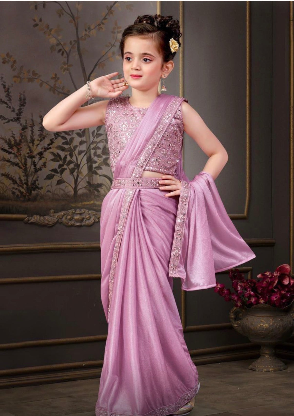 Readymade Saree  in Pastel Pink Shade for Girls with sequins Blouse, Indian Ethnic Outfit, GRL -1899