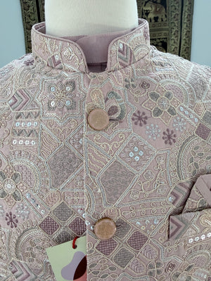Men’s Dusty Rose Pink Shade 3-Piece Kurta Pajama with Heavy Embroidered Jacket, Wedding & Festive Ethnic Wear, KPJ-3077